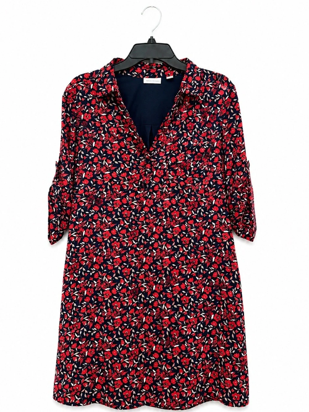 LOFT Red Navy Floral Shirt Dress 3/4 Sleeve Women’s Medium - Picture 1 of 2